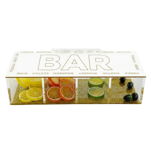 Box of cocktail mix with lemon, lime, and orange slices on a white background
