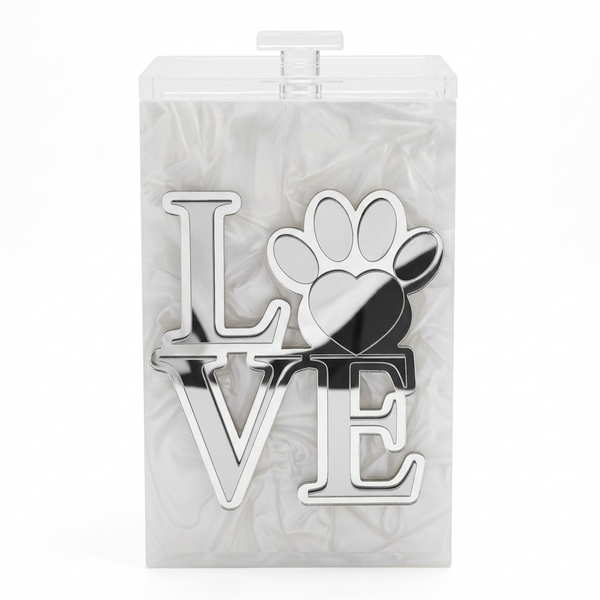 Metallic 'LOVE' with paw print design on a marble background