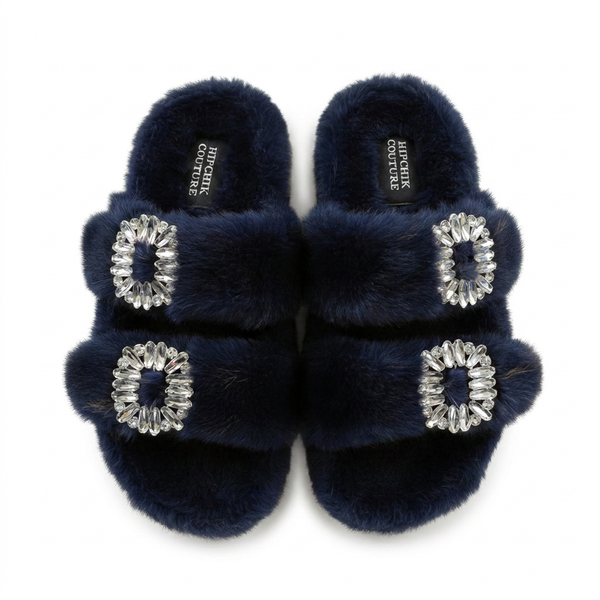 Mink Sandal Shoes Crystal Buckle - Navy Blue
