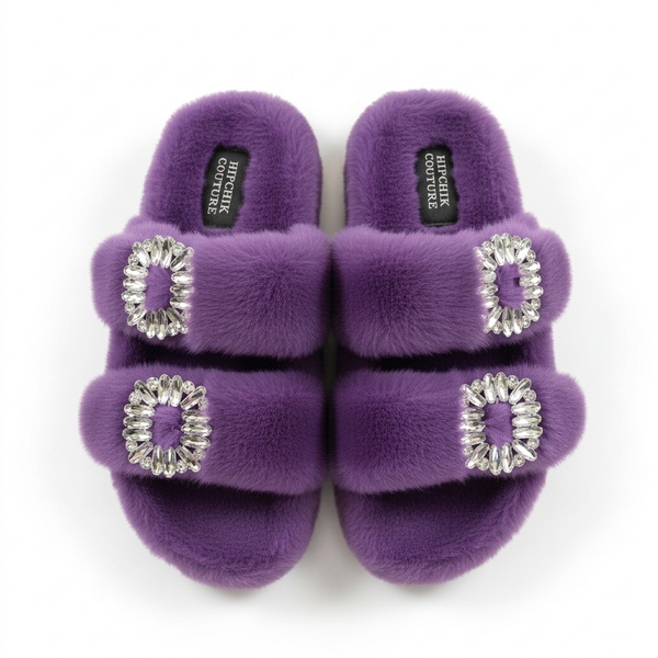 Mink Slide Sandals Shoes with Crystal Buckle Purple