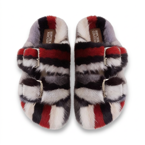 Pair of striped slippers with fur trim on a white background