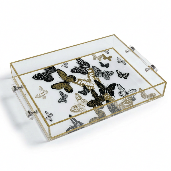 Acrylic Tray Butterflies Gold with Metal Handles