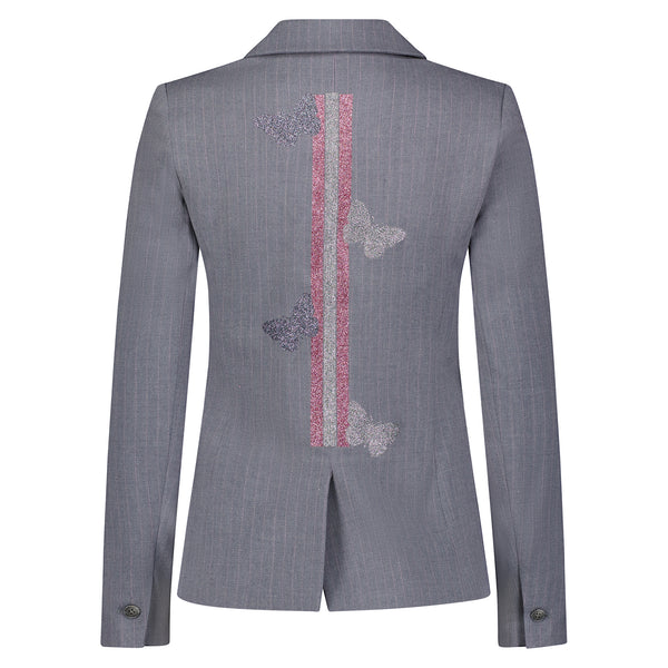 Back view of a gray pinstripe blazer with butterfly designs along two pink vertical stripes.