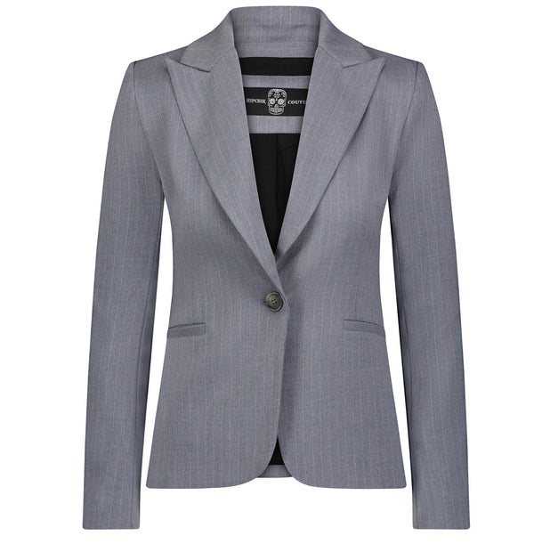 Front view of a gray pinstripe single-button blazer with notch lapels and two pockets.