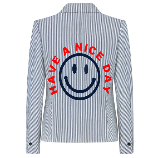 Back view of a light blue pinstripe blazer with a navy smiley face and red HAVE A NICE DAY lettering.