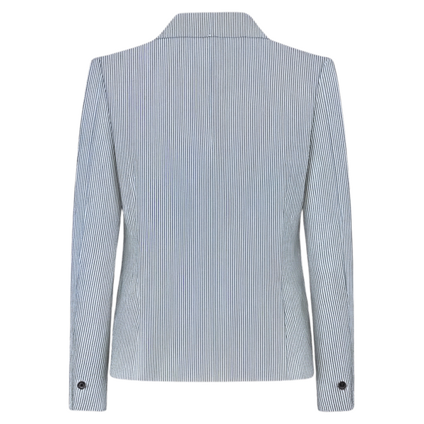 Back view of a plain light blue pinstripe blazer.