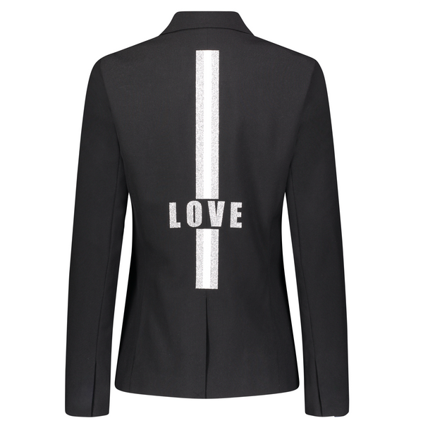 Back view of a black blazer with silver LOVE lettering across a vertical silver stripe.