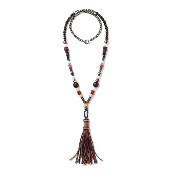 Hipchik Multicolor African Beads Leather Tassel Necklace