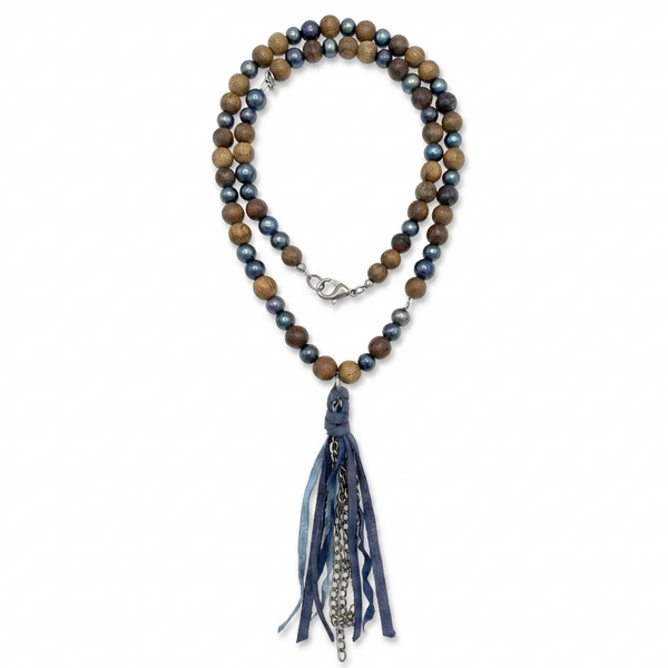 Hipchik Wood Bead & Pearl Ribbon Tassel Necklace