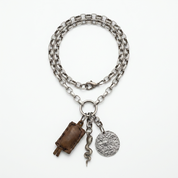 Hipchik Antique Silver Rounded Rectangular Rolo Multi-Charm Necklace