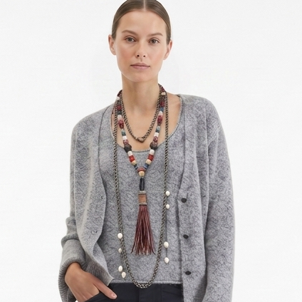 Hipchik Multicolor African Beads Leather Tassel Necklace