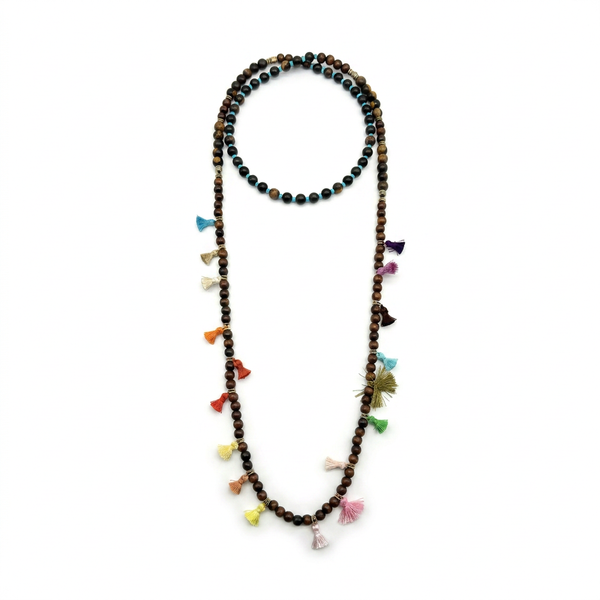 Hipchik Earth Tone Wooden Bead Long Tassel Necklace