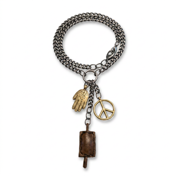 Hipchik Chrome Curb Chain Peace & Hamsa Charm Necklace