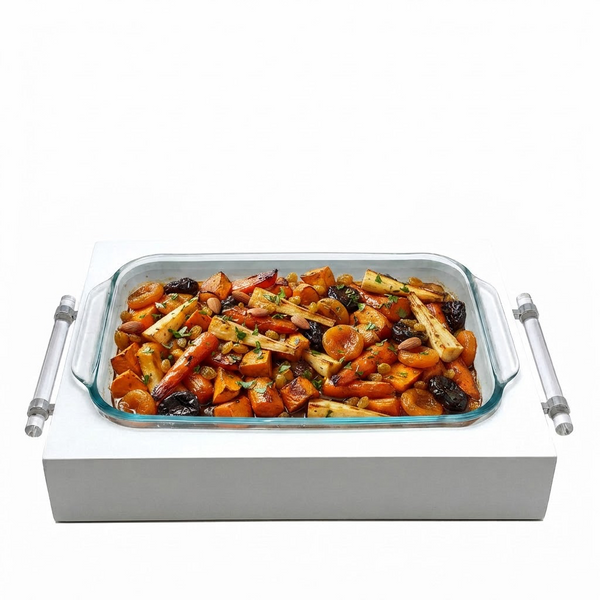 A clear glass rectangular serving tray filled with cooked vegetables, shown on a white rectangular base with two clear cylindrical handles on a white background.