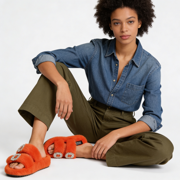 Mink Sandal Shoes Crystal Buckle - Orange