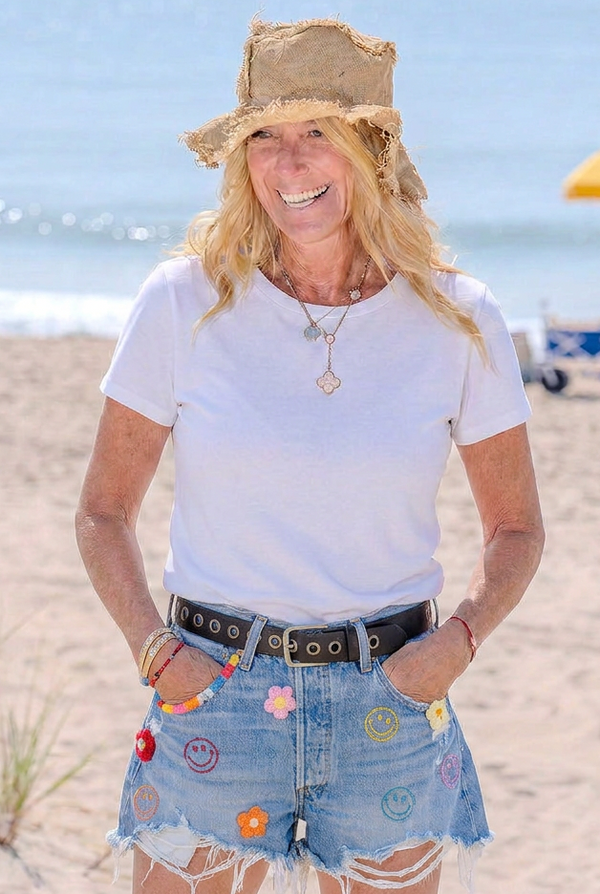 Denim Beach Hand Embroidered Crochet flowers Smile - Levi’s 501 Sample Sale