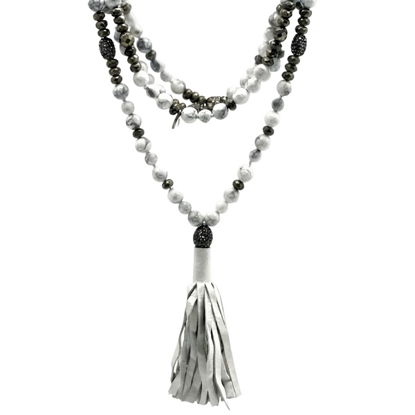 Hipchik White Agate Bead Leather Tassel Necklace