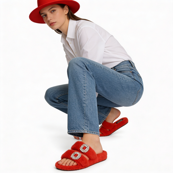 Mink Sandal Shoes Crystal Buckle - Red