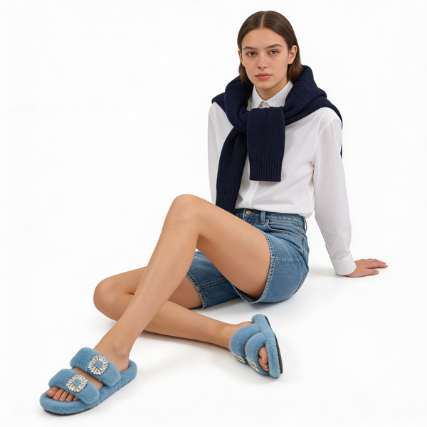 Mink Sandal Shoes Crystal Buckle - Light Blue