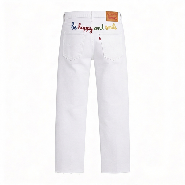 Hand Embroidered Levi's Vintage Jeans – Be Happy and Smile White