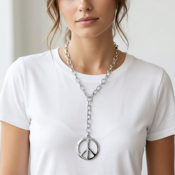 Hipchik Rhodium Cable Chain Peace Sign Statement Necklace