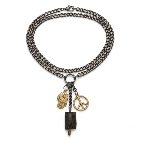 Hipchik Gunmetal Curb Chain Hamsa Peace Charm Necklace