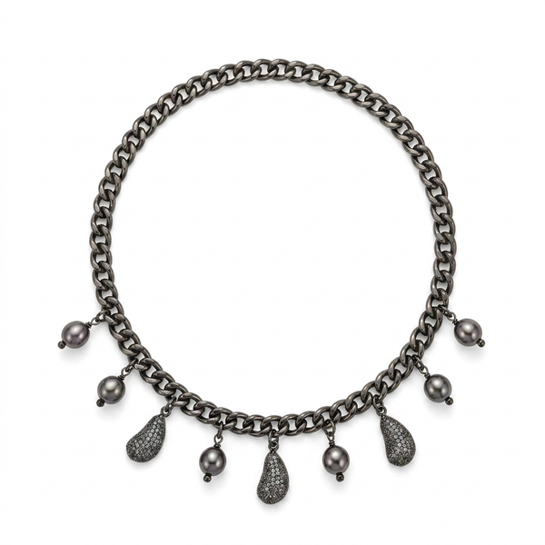 Hipchik Gunmetal Curb Chain Pavé Drop Blue Pearl Necklace