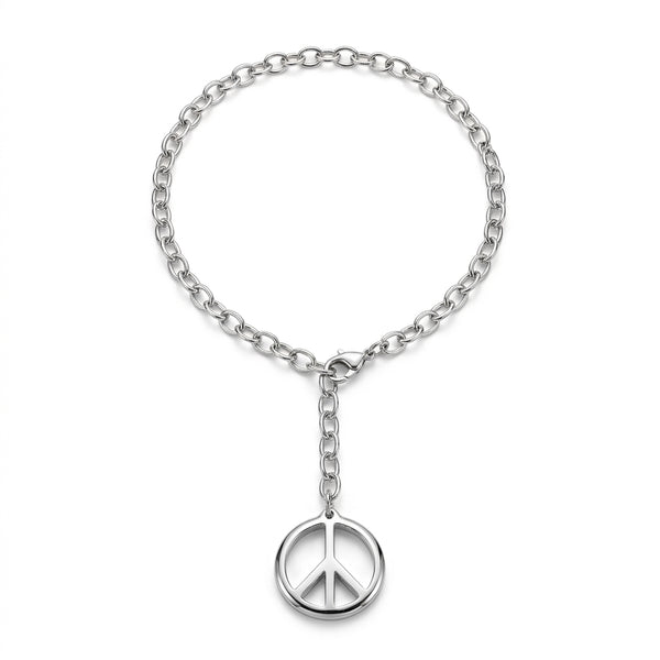 Hipchik Rhodium Cable Chain Peace Sign Statement Necklace