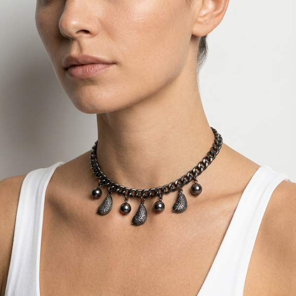 Hipchik Gunmetal Curb Chain Pavé Drop Blue Pearl Necklace