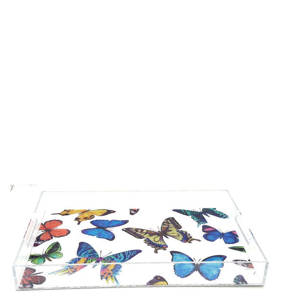 Top view of a clear acrylic tray with multicolored butterfly motifs.