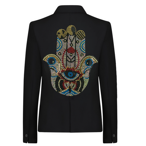 Back view of a black blazer with a large multicolor rhinestone Hamsa hand and blue eye details.