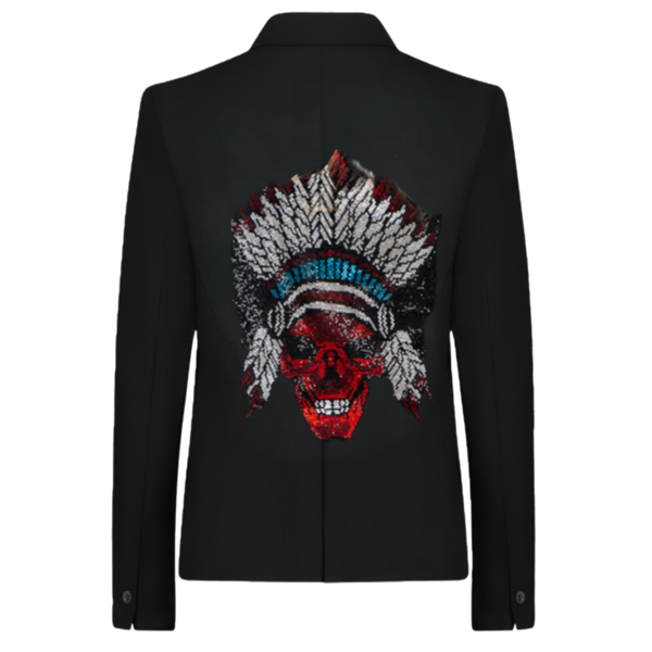 Back view of a black blazer with a red skull and an elaborate silver feather headdress with turquoise accents.