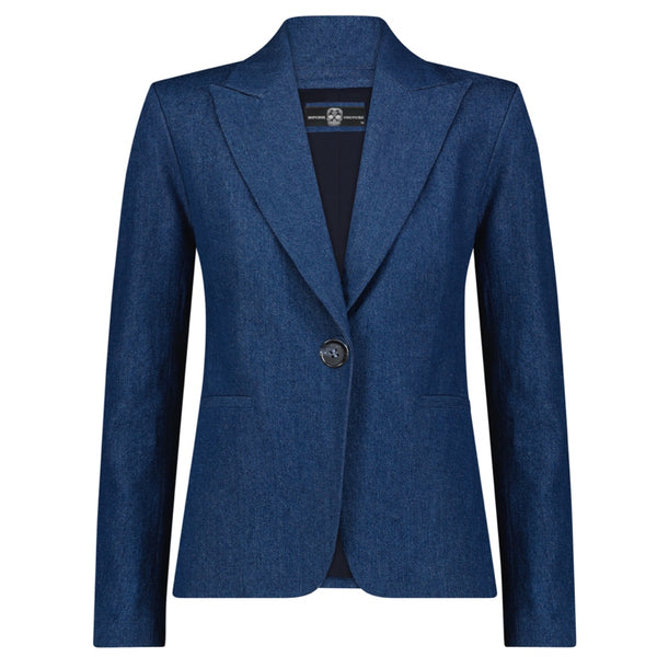 Front view of a plain blue denim blazer with a single button, notched lapels and two pockets.