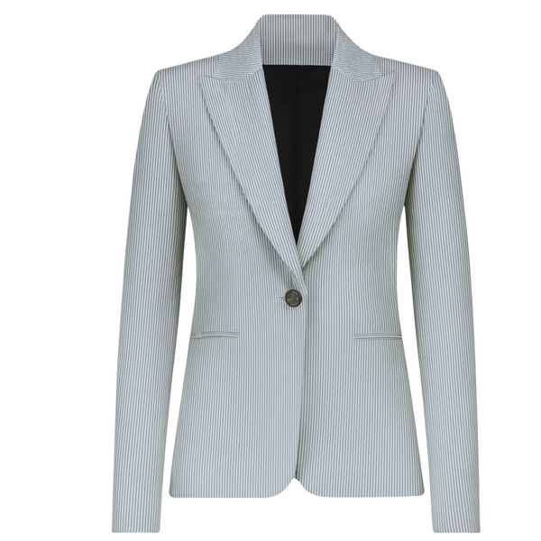 Front view of a plain blue and white pinstripe blazer with a single button, notched lapels and two pockets.