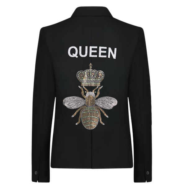 Back view of a black blazer with QUEEN lettering and a crowned bee in gold and silver rhinestones.