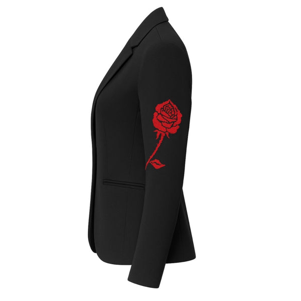 Side view of a black blazer with a red rose design on the sleeve.