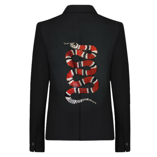 Back view of a black blazer with a coiled red and silver rhinestone snake.