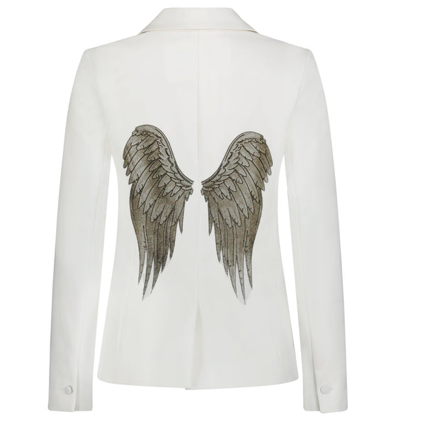Back view of a white denim blazer with a pair of rhinestone angel wings.