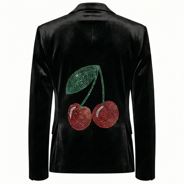 Back view of a black velvet blazer with red rhinestone cherries and green stems and leaf.