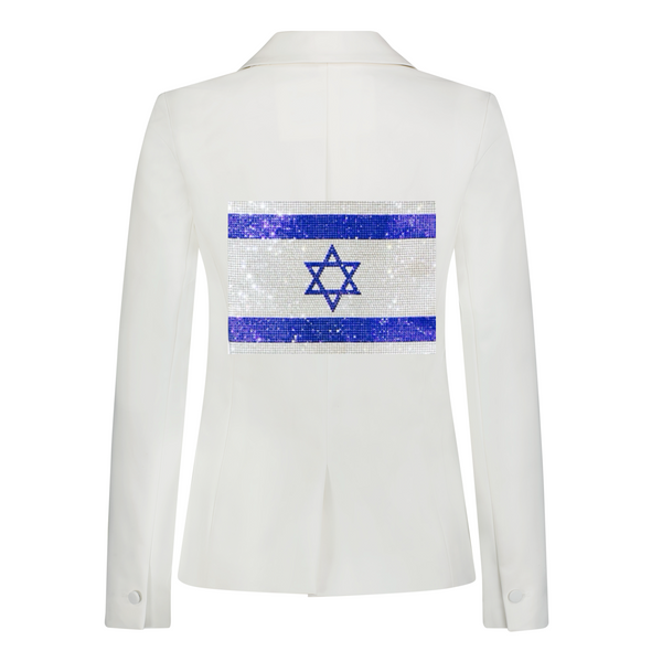 Back view of a white denim blazer with a blue and silver rhinestone Israel flag.
