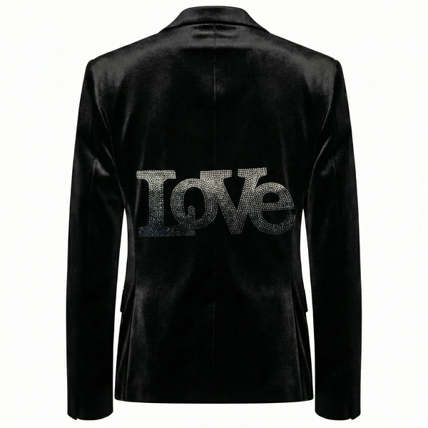 Back view of a black velvet blazer with rhinestone Love lettering.