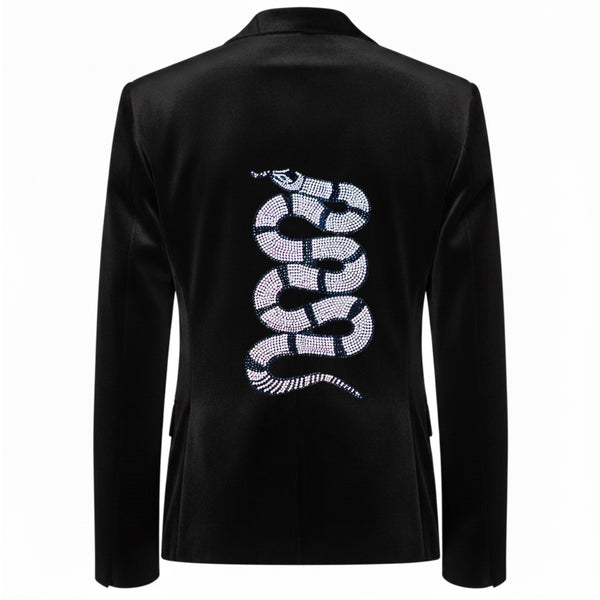 Back view of a black velvet blazer with a large coiled silver rhinestone snake.