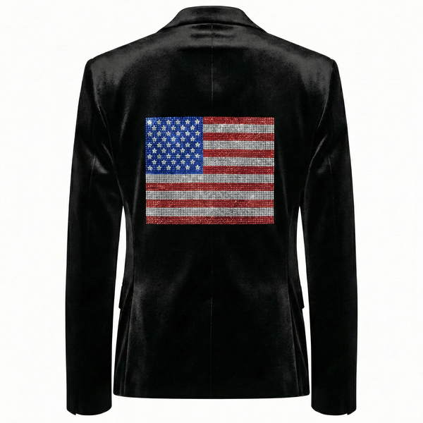 Back view of a black velvet blazer with a red, white and blue rhinestone American flag.