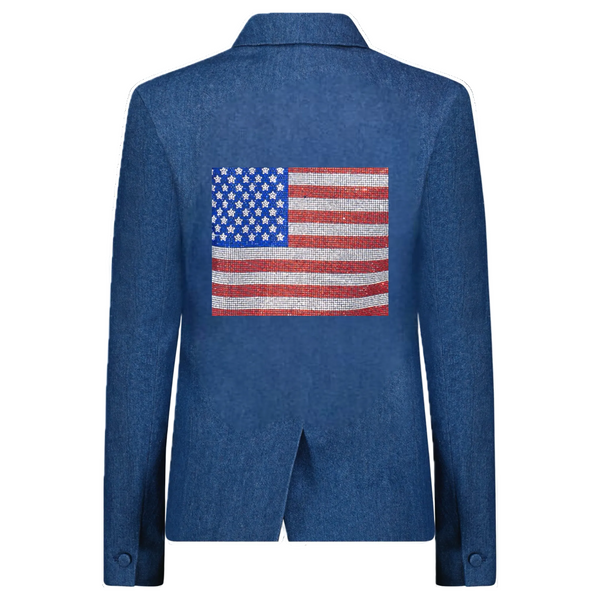 Back view of a blue denim blazer with a red, white and blue rhinestone American flag.