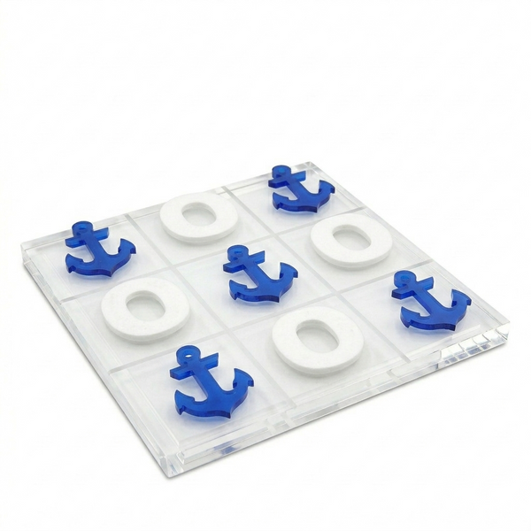 Tic-tac-toe game with blue anchor pieces on a clear board