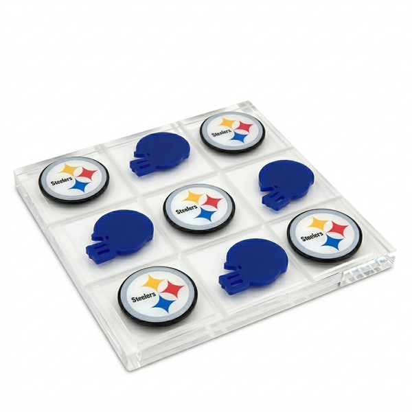Set of Pittsburgh Steelers logo coasters with blue helmets on a clear tray