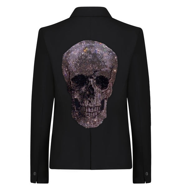 Back view of a black blazer with a large sparkling skull design.