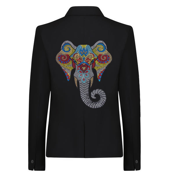 Back view of a black blazer with a colorful rhinestone elephant head and curled trunk.