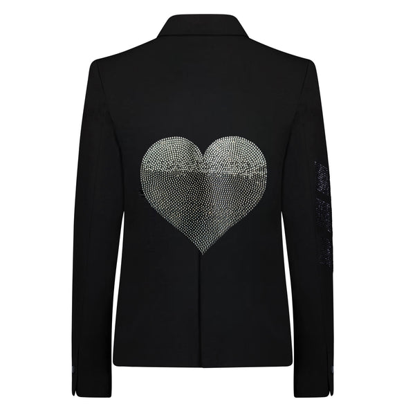 Back view of a black blazer with a large heart in silver-to-dark ombre rhinestones.