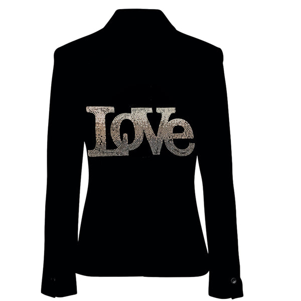 Back view of a black blazer with ombre rhinestone Love lettering.